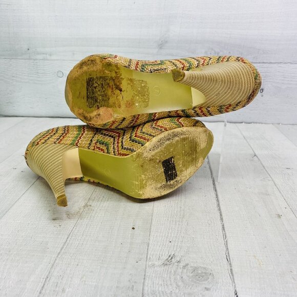 Henry Ferrera GOOD GIRL Beige Chevon Stripe Open Toe Slip On High Heels Size 7 - Picture 7 of 12